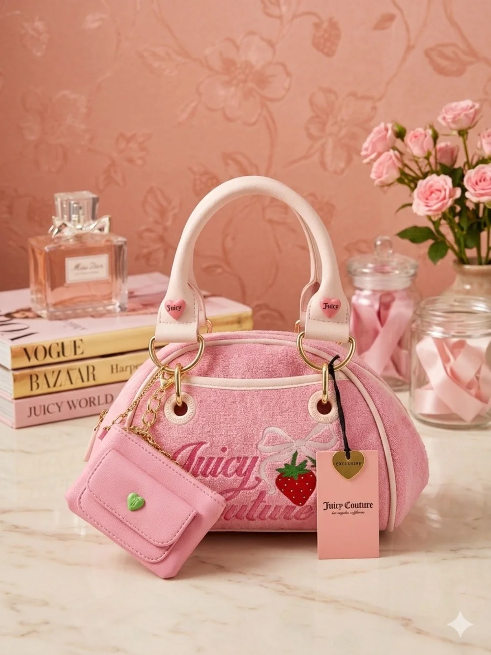 Juicy Couture Pink Strawberry Terry Satchel with Coin Pouch